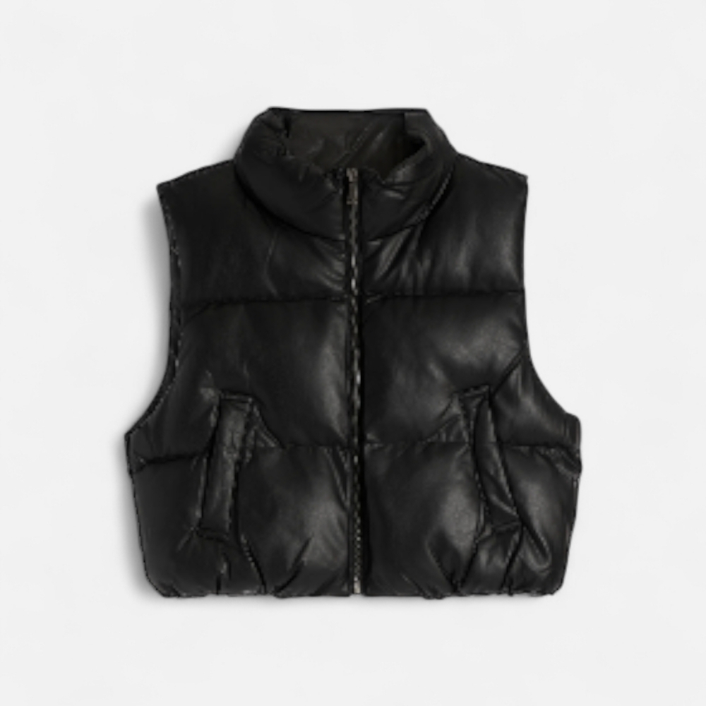 Double Zero Girls Junior L Black Faux Leather Cropped Puffer Vest Standup Collar
